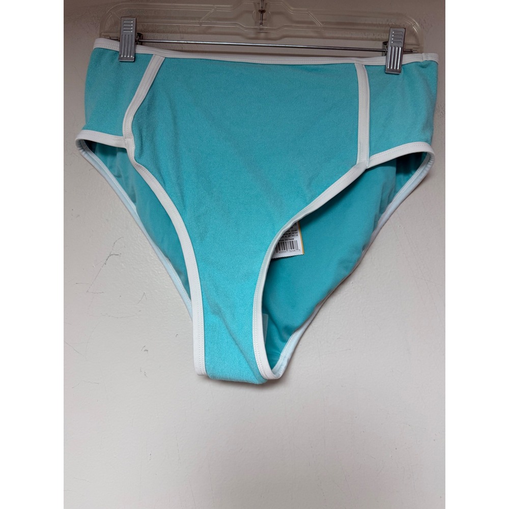 Kona Sol Aqua Blue Terry Cloth High Waist Bikini‎ Bottom White Trim Large NEW